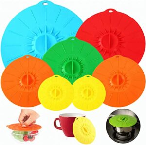 7 pack silicone lids, microwave splatter cover, 5 sizes reusable heat resistant food suction lids fits cups, bowls, plates, pots, pans, skillets, stove top, oven, fridge bpa free,mothers day gifts