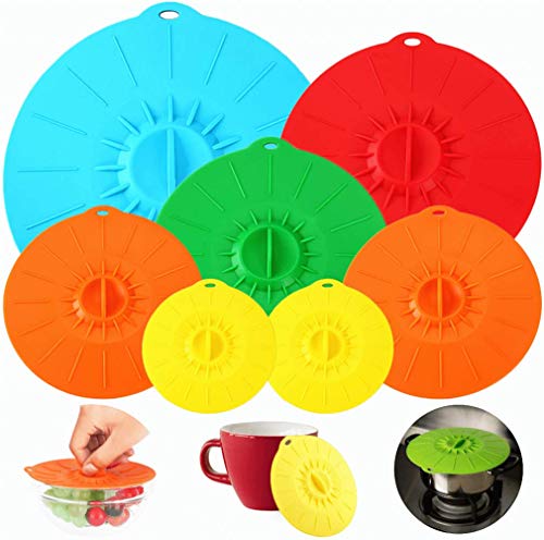 7 Pack Silicone Lids, Microwave Splatter Cover, 5 Sizes Reusable Heat Resistant Food Suction Lids fits Cups, Bowls, Plates, Pots, Pans, Skillets, Stove Top, Oven, Fridge BPA Free,Mothers Day Gifts