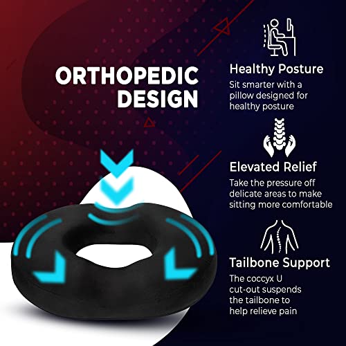 Donut Pillow Seat Cushion Orthopedic Design| Tailbone & Coccyx Memory Foam Pillow | Relieve Pain and Pressure for Hemorrhoid, Pregnancy Post Natal, Surgery, Sciatica (Black)