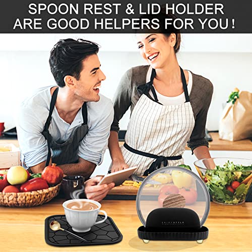 2pcs With Dish Mat Stove Top Anti Slip Spoon Rest Countertop Pot Lid Holder Set Cool Kitchen Gadget Keeps Countertops Clean (Black)