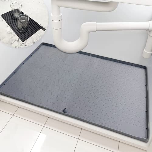 Under Sink Mat, 34" x 22" Under Sink Drip Trays for Kitchen Waterproof, Silicone Under Kitchen Sink Mats with Unique Drain Hole, Under Sink Liner for Kitchen Bathroom (Gray)