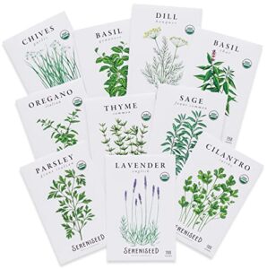 sereniseed certified organic herb seeds collection (10-pack) – 100% non gmo, open pollinated varieties – guide for indoor & outdoor garden planting