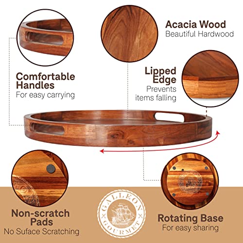 Galleon Gourmet 18 Inch Acacia Wooden Lazy Susan Turntable Tray: Smooth Rotating, Sturdy Handles, and Elegant Lipped Edge