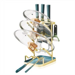 pot lid organizer rack, pot lid holder for cabinet and counter, kitchen lid and spoon holder with drip tray (gold)