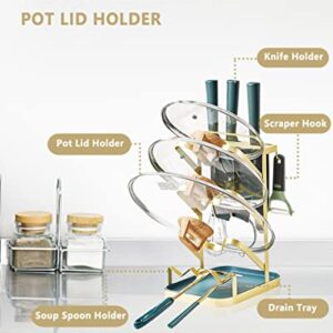 Pot Lid Organizer Rack, Pot Lid Holder for Cabinet and Counter, Kitchen Lid and Spoon Holder with Drip Tray (Gold)