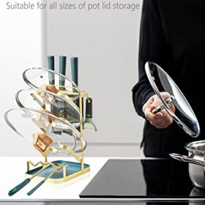 Pot Lid Organizer Rack, Pot Lid Holder for Cabinet and Counter, Kitchen Lid and Spoon Holder with Drip Tray (Gold)