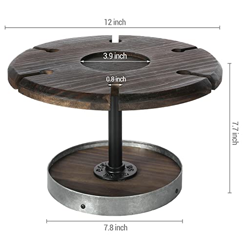 MyGift Rustic Solid Burnt Wood Tabletop Round Wine Glasses and Wine Bottle Holder Pedestal Stand with Galvanized Metal Accent , Wine Flight Tasting Server Tray, Holds 6 Stemware and 1 Bottle