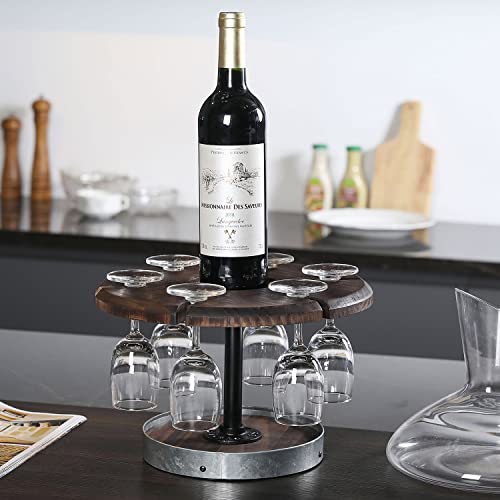 MyGift Rustic Solid Burnt Wood Tabletop Round Wine Glasses and Wine Bottle Holder Pedestal Stand with Galvanized Metal Accent , Wine Flight Tasting Server Tray, Holds 6 Stemware and 1 Bottle