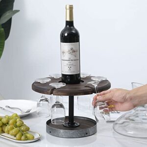 MyGift Rustic Solid Burnt Wood Tabletop Round Wine Glasses and Wine Bottle Holder Pedestal Stand with Galvanized Metal Accent , Wine Flight Tasting Server Tray, Holds 6 Stemware and 1 Bottle