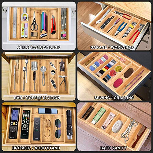 Secura Bamboo Kitchen Drawer Organizer 8 Expandable Compartments and Kitchen Drawer Utensil Organizer Box Set 5 Pack Bundle