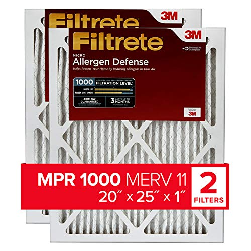 Filtrete 20x25x1, AC Furnace Air Filter, MPR 1000, Micro Allergen Defense, 2-Pack (exact dimensions 19.688 x 24.688 x 0.84)