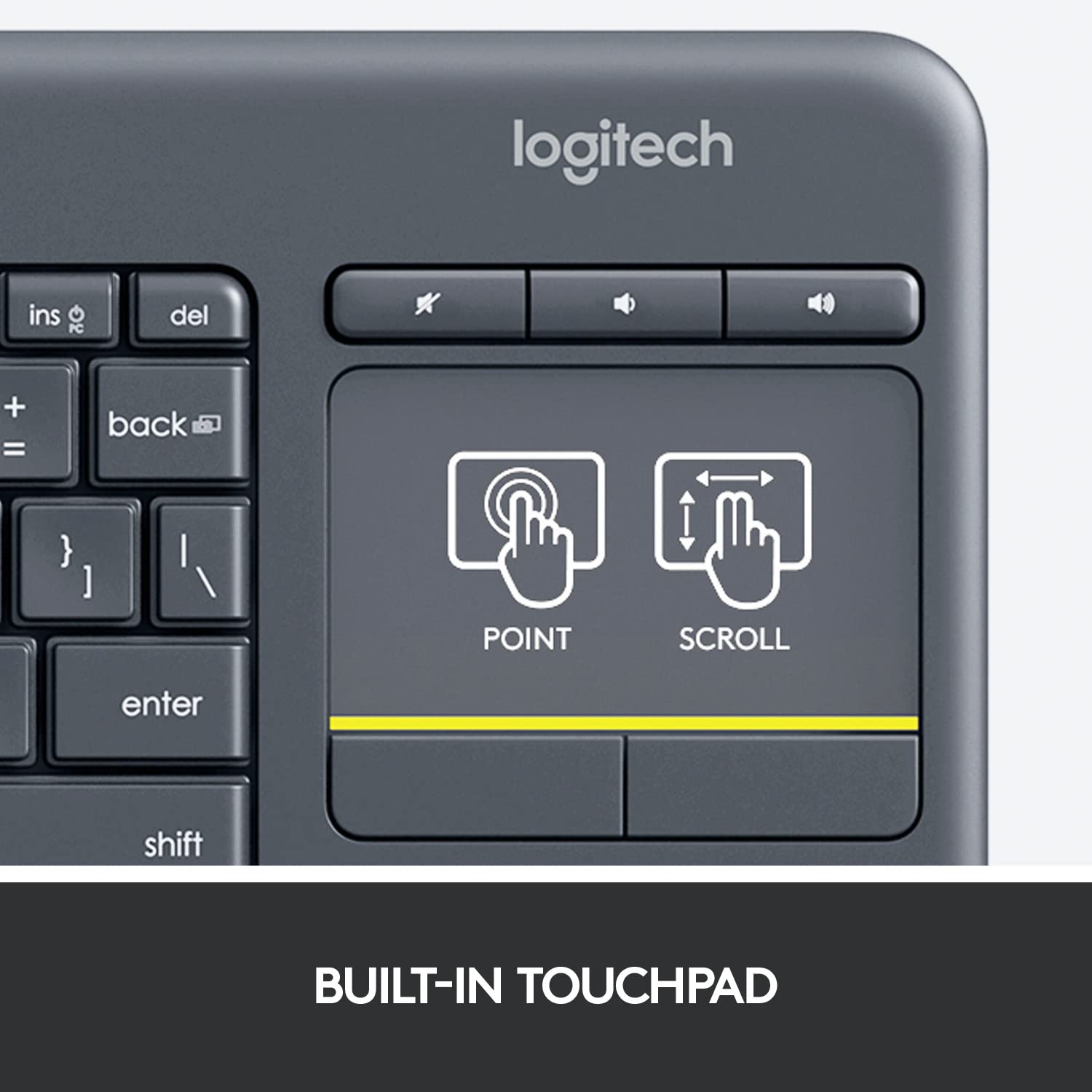 Logitech K400 Plus Wireless Touch With Easy Media Control and Built-in Touchpad, HTPC Keyboard for PC-connected TV, Windows, Android, Chrome OS, Laptop, Tablet - Black