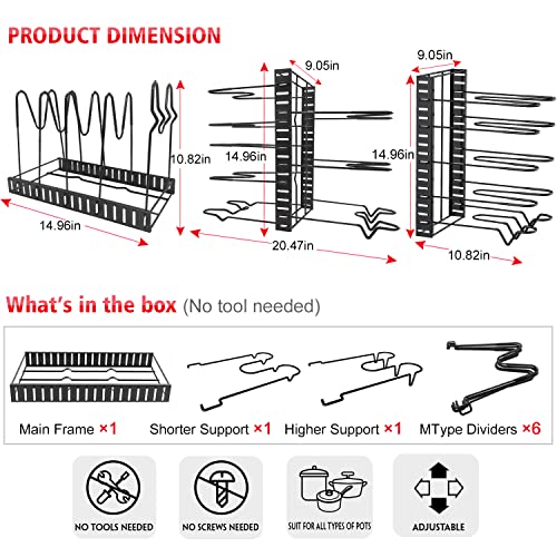 G-TING Pot Rack Organizers, 8 Tiers Pots and Pans Organizer for Kitchen Organization & Storage, Adjustable Pot Lid Holders & Pan Rack for Kitchen, Lid Organizer for Pots and Pans With 3 DIY Methods