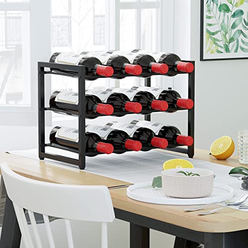 Honiter 12 Bottle Wine Rack Countertop, Storage Wine Rack Freestanding Floor, Display Storage Wine Rack, Industrial Metal Wine Shelf Organizer for Cabinet Tabletop Bar Cellar, Black