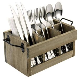 mygift vintage brown wooden utensil holder and napkin holder rack, chicken wire front panel dining flatware, cutlery storage organizer bin