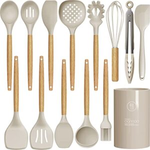 14 pcs silicone cooking utensils kitchen utensil set – 446°f heat resistant,turner tongs, spatula, spoon, brush, whisk, wooden handle kitchen gadgets with holder for nonstick cookware (bpa free khaki)