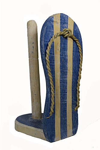 WorldBazzar Hand Carved FLIP Flop Blue Paper Towel Holder Wood Carving Nautical Statue Kitchen Gadget Sculpture