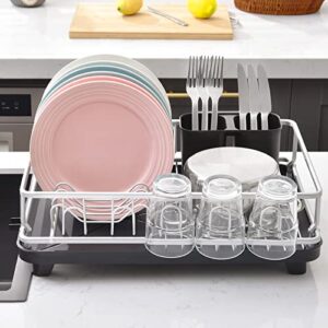 apexchaser dish drying rack, space-saving dish rack for kitchen counter, anti-rust aluminum drying dish rack with cutlery&cup holders, kitchen dish drainers with removable tray for various kitchenware