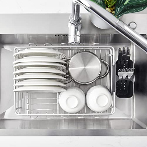 APEXCHASER Dish Drying Rack, Space-Saving Dish Rack for Kitchen Counter, Anti-Rust Aluminum Drying Dish Rack with Cutlery&Cup Holders, Kitchen Dish Drainers with Removable Tray for Various Kitchenware