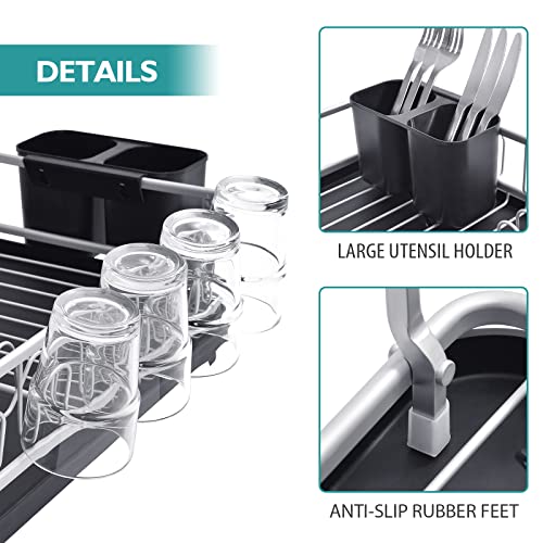 APEXCHASER Dish Drying Rack, Space-Saving Dish Rack for Kitchen Counter, Anti-Rust Aluminum Drying Dish Rack with Cutlery&Cup Holders, Kitchen Dish Drainers with Removable Tray for Various Kitchenware