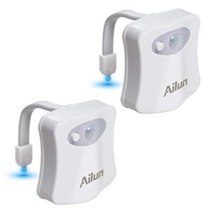toilet night light 2pack by ailun motion sensor activated led, 8 colors changing toilet bowl illuminate nightlight for bathroom battery not included perfect with water faucet light