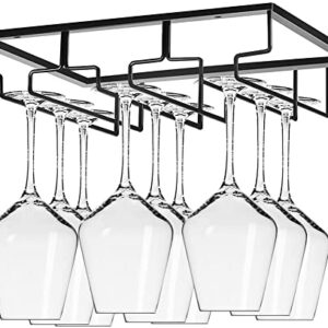 3 Rows Wine Glass Rack Under Cabinet Black Stemware Holder Storage Hanger Metal Organizer for Bar Kitchen Shelf