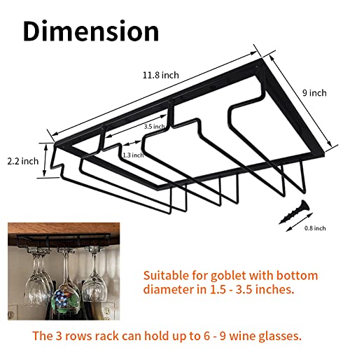 3 Rows Wine Glass Rack Under Cabinet Black Stemware Holder Storage Hanger Metal Organizer for Bar Kitchen Shelf