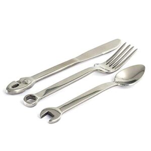 wrenchware – large 3-piece silverware set tool fork, knife and spoon + silverware case storage – unique novelty flatware & cutlery set – kitchen utensil set is a greata gift & conversation piece