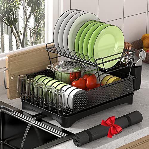 SUPPNEED Dish Drying Rack with Drainboard, 2 Tier Dish Drainer for Kitchen Counter, Utensil Holder, Cutting Board Holder and Extra Dryer Mat, Sink Dish Strainer, Black