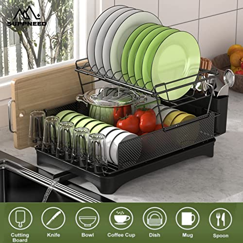 SUPPNEED Dish Drying Rack with Drainboard, 2 Tier Dish Drainer for Kitchen Counter, Utensil Holder, Cutting Board Holder and Extra Dryer Mat, Sink Dish Strainer, Black