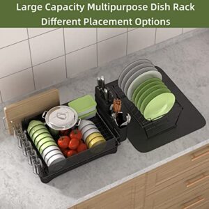 SUPPNEED Dish Drying Rack with Drainboard, 2 Tier Dish Drainer for Kitchen Counter, Utensil Holder, Cutting Board Holder and Extra Dryer Mat, Sink Dish Strainer, Black