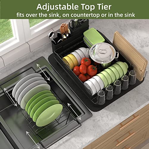 SUPPNEED Dish Drying Rack with Drainboard, 2 Tier Dish Drainer for Kitchen Counter, Utensil Holder, Cutting Board Holder and Extra Dryer Mat, Sink Dish Strainer, Black