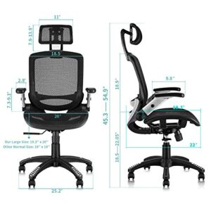 GABRYLLY Ergonomic Mesh Office Chair, High Back Desk Chair - Adjustable Headrest with Flip-Up Arms, Tilt Function, Lumbar Support and PU Wheels, Swivel Computer Task Chair