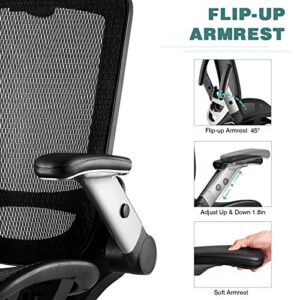 GABRYLLY Ergonomic Mesh Office Chair, High Back Desk Chair - Adjustable Headrest with Flip-Up Arms, Tilt Function, Lumbar Support and PU Wheels, Swivel Computer Task Chair