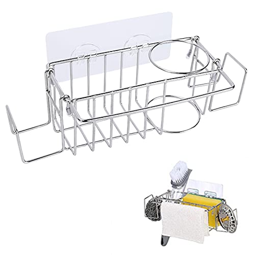 DHSUUUUP 5 in 1 Sponge Holder for Kitchen Sink,Brush Dish Towel Cloth Hanger or Holder.Hanging Sink Caddy.Adhesive Stainless Steel in-Sink Organizer Rack Basket .Sink Caddy with No Drilling