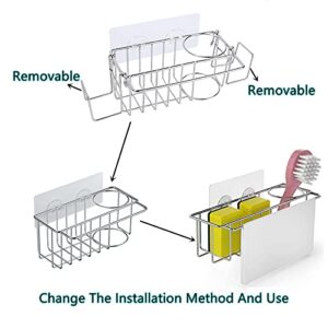 DHSUUUUP 5 in 1 Sponge Holder for Kitchen Sink,Brush Dish Towel Cloth Hanger or Holder.Hanging Sink Caddy.Adhesive Stainless Steel in-Sink Organizer Rack Basket .Sink Caddy with No Drilling