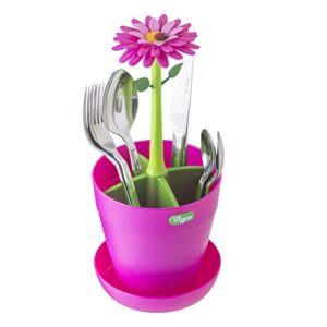 vigar flower power cutlery drainer, four-compartment flatware organizer, flower-pot design, pink