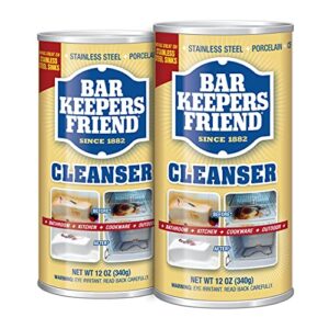 bar keepers friend powder cleanser 12 oz – multipurpose cleaner & stain remover – bathroom, kitchen & outdoor use – for stainless steel, aluminum, brass, ceramic, porcelain, bronze and more (2 pack)
