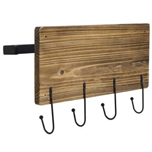 MyGift Wall Mounted Rustic Solid Burnt Wood and Black Metal Paper Towel Rack with Utensil Holder Hanging Hooks, 4-Hook Cooking Tools Hanger and Open End Bar for Easy Roll Refill