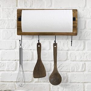 MyGift Wall Mounted Rustic Solid Burnt Wood and Black Metal Paper Towel Rack with Utensil Holder Hanging Hooks, 4-Hook Cooking Tools Hanger and Open End Bar for Easy Roll Refill