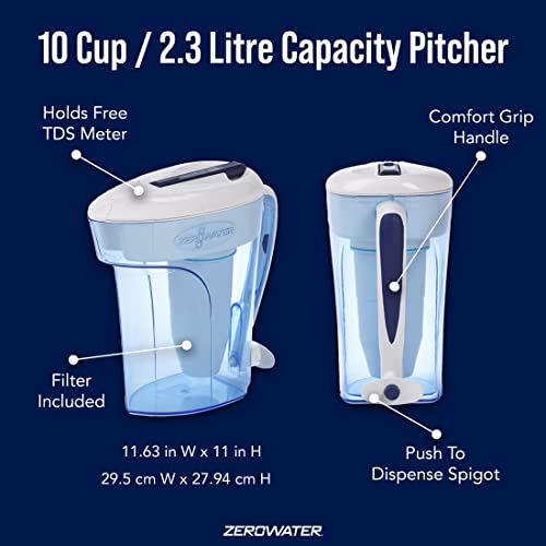 ZeroWater 10-Cup Ready-Pour Water Filter Pitcher - NSF Certified 0 TDS Water Filter to Remove Lead, Heavy Metals, PFOA/PFOS, Improve Tap Water Taste