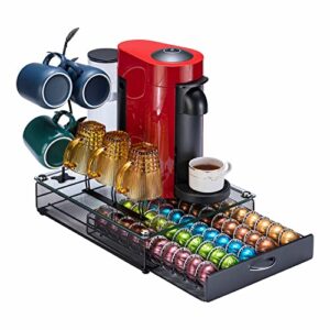 FlagShip for Nespresso Pod Holder Coffee Pod Storage for Vertuo Pod with Crystal Tempered Glass Top Mug Holder(50 Pods & 7 Mugs Capacity)