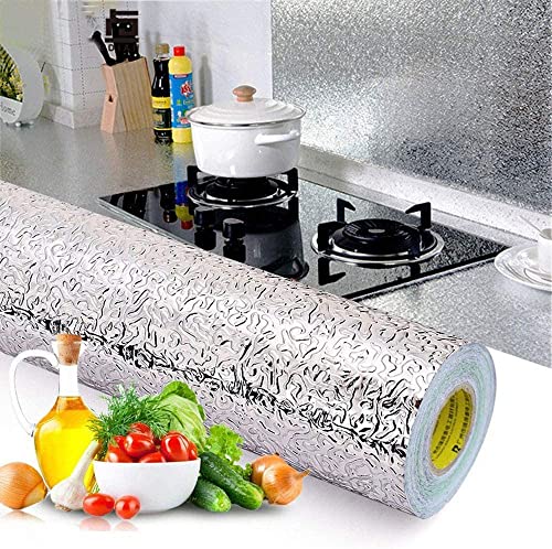 Kitchen Backsplash Stickers, Kitchen Wallpaper Stickers Self Adhesive Kitchen Aluminum Foil Stickers Oil Proof Waterproof (Silver Orange Peel Texture)