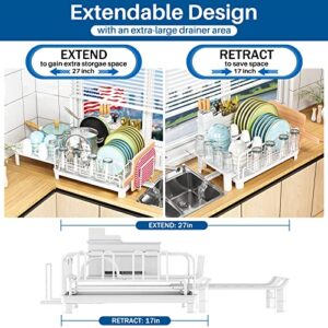 Gsiekare Large Dish Drying Rack, Expandable Dish Rack Kitchen Sink Organizer, Dish Drainer with Cutlery & Cup Holders for Kitchen Organization, Anti-Rust Drying Rack for Kitchen Counter White