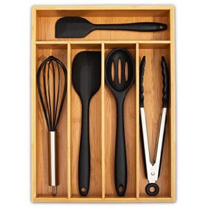 ohwin bamboo drawer organizers kitchen silverware organizer with 5 compartments, flatware drawer organizer tray – bamboo hardware organizer cutlery and utensil tray, perfect for the kitchen, bathroom