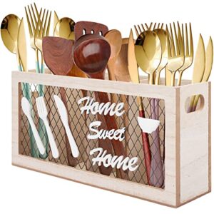 wood utensil holder caddy with handle for kitchen countertop, laszola 4 compartments wooden utensil crock flatware silverware cutlery storage organizer for farmhouse countertop decor