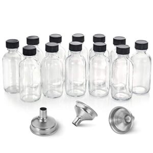 12 Pack, 2 oz Small Clear Glass Bottles with Lids & 3 Stainless Steel Funnels - 60ml Boston Round Sample Bottles for Potion, Juice, Ginger Shots, Oils, Whiskey, Liquids - Mini Travel Bottles, NO Leakage