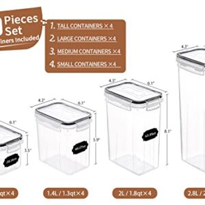 PRAKI Airtight Food Storage Container Set, 16 Pcs BPA Free Plastic Dry Food Canisters for Kitchen Pantry Organization and Storage Ideal for Cereal, Flour & Sugar - Labels, Marker(Black)