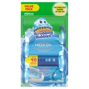 scrubbing bubbles fresh gel toilet cleaning stamp, rainshower, dispenser with 24 gel stamps, 5.36 oz