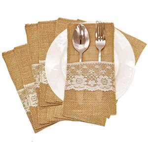 amajoy 50pcs 4×8 inch natural hessian burlap utensil holders silverware napkin holders cutlery pouch knifes forks bag for country wedding decor bridal shower party table setting decorations
